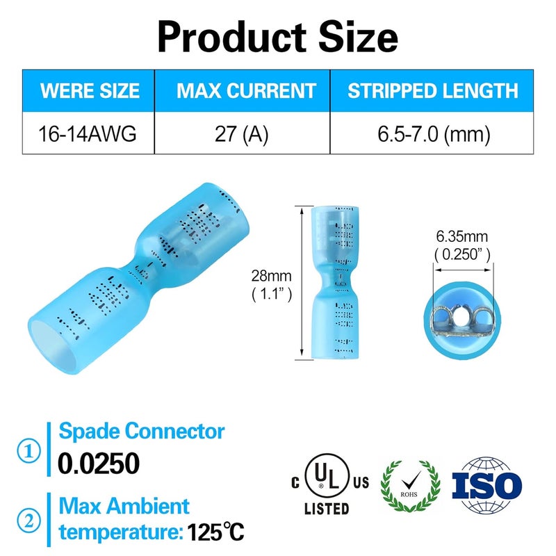 VAMRONE 100 PCS 16-14 AWG Waterproof Heat Shrink Quick Disconnect Connectors, Crimp Electrical Wire Female Spade Connectors Insulated Disconnect for Marine Automotive Motorcycle Home Wiring (Blue) - Image 2